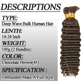 Human Braiding Hair For Boho Braids 100g/2 Bundles 16 Inch Deep Wave Human Hair For Braiding 12A No Weft Deep Curly Boho Braids Human Hair Chocolate Brown (100g,16inch,4#）