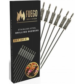 Fuego Skewers for Grilling - 17" Stainless Steel Flat Blade with Push Slider | Reusable & Dishwasher Safe | BBQ Skewers and Shish Kabob | Set of 8