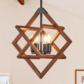 Poemoon 18" Farmhouse Wooden Chandelier 4-Light Geometric Pendant Lighting