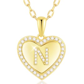 GETNEW Initial Necklaces for Women - 925 Sterling Silver Heart Necklace, 14k Gold Plated Love Heart Pendant with 26 Alphabet Letters for Women Men