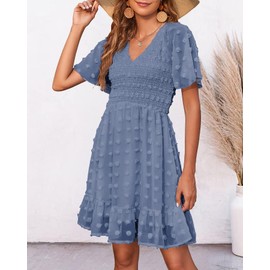 BTFBM Women's Swiss Dot Smocked Dresses Resort Cruise Outfits 2024 V Neck Short Sleeve Flowy Casual Wedding Guest Dress(Swiss Dot Grey Blue, X-Large)