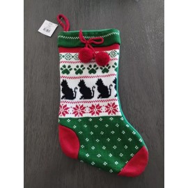Hobby Lobby 18" Black Cat & Paw Prints Christmas Stocking, Knitted Pom Poms Pet Cat Kitten