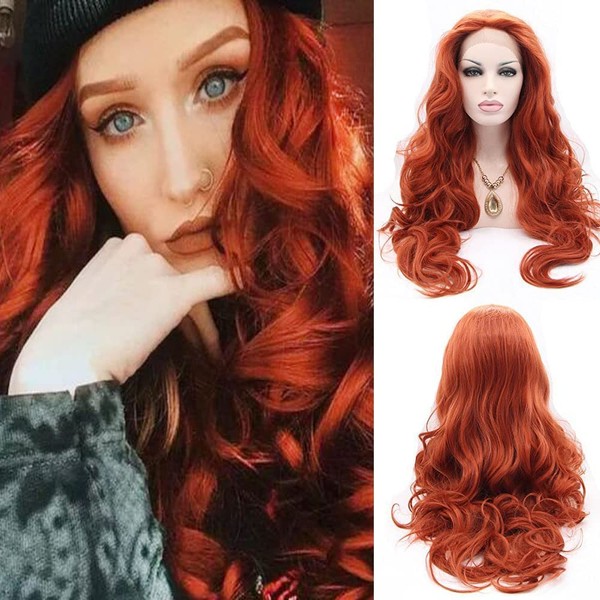 Long Copper Red Synthetic Wig 360# Red Body Wave Synthetic Lace Front Wigs Free Parting Synthetic Half Hand Tied 180% Density Heat Resistant Fiber Hair for Woman… (red)