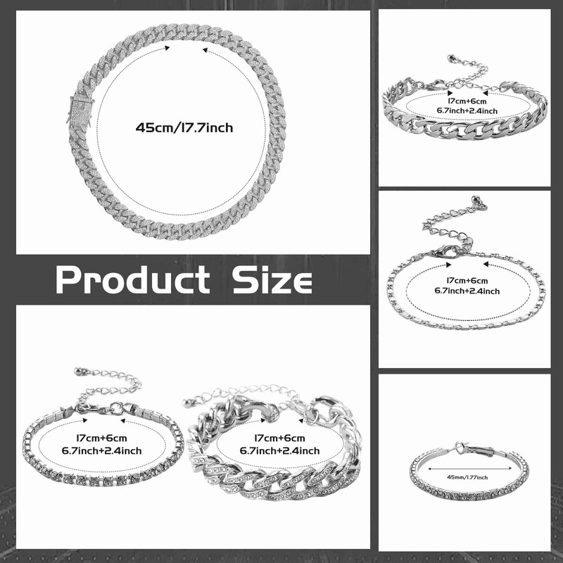 Avxzbef 6 Pcs Silver Cuban Link Chain Set for Men