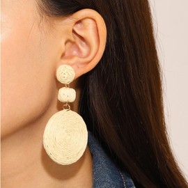 Raffia Earrings White Flower Earrings Summer Earrings Lightweight Floral Earrings Boho Rattan Earrings for Women Statement Earrings Bold Earrings (Style 4)