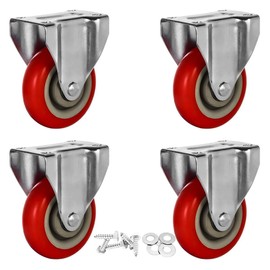 4 Pack 4" Caster Wheels On Red Polyurethane Wheels Top Plate Non Swivel Rigid Fixed Stationery with Hardware