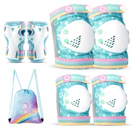 SULIFEEL Rainbow Unicorn Knee Pads for Kids Knee Elbow Pads Wrist Guards with Drawstring Bag Adjustable Protective Gear Set for Girls Roller Skating Bike Cycling Skateboard Scooter Green Small