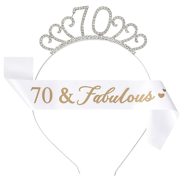 IRYNA 70th Birthday Sash and Tiara Happy Birthday Crystal Crown and 70 & Fabulous Sash for Women 70th Birthday Decorations Birthday Gift Party Accessories