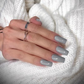 KQueenest Press On Nails Long Almond Square Coffin Nails for Sticking, Grey, Shiny Jelly Gel Fake Nails Fingernails for Sticking Ballerina, Plain Acrylic False Nails for Women, Pack of 24