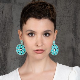 ZAVANA Long Statement Earrings for Women, Turquoise Blue Dangle Earrings, 16mm Round Stud, 50mm Dangling Pendant, Handmade Boho Chic Earrings, Turquoise Bohemian Costume Jewellery