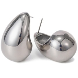 Sfoni Chunky Teardrop Earrings for Women - 18k Gold Plated Stud Earrings Lightweight Hallow Open Hoop Earrings Dupes Trendy Jewellery Gifts for Her, White Gold/26mm