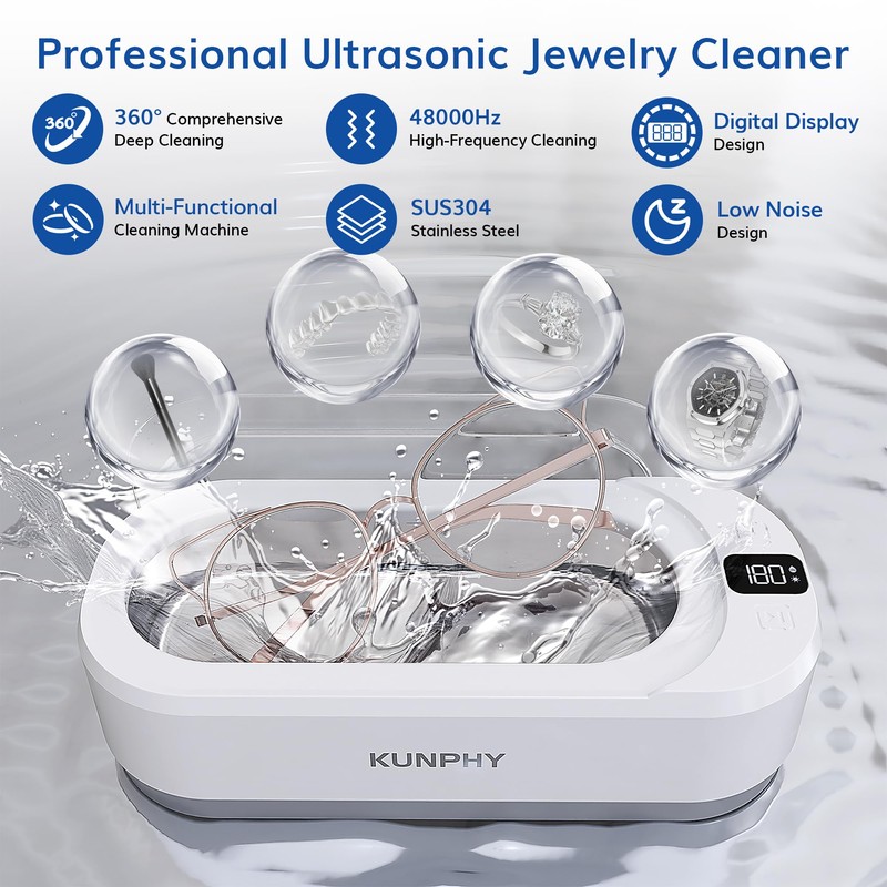 Upgraded KUNPHY Ultrasonic Jewelry Cleaner with 50ml Solution, 48KHZ, 12OZ