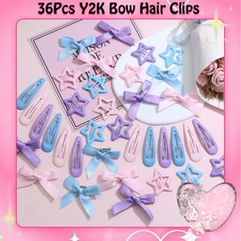 SAWINDA 36Pcs Star Water Drop No Slip Hair Barrettes for Women Pink Bow Hair Clips 3 Color Metal Snap Hair Clips Mini Purple Satin Hair Bows Y2K Hair Accessories for Girls