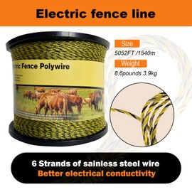 Upgraded Electric Fence Polywire 5050 feet 1540 Meters,1/8 Diameter Portable Electric Fencing Polywires, 6 Stainless Steel Strands,Easy to Install,Yellow and Black,Portable Electronic Fence