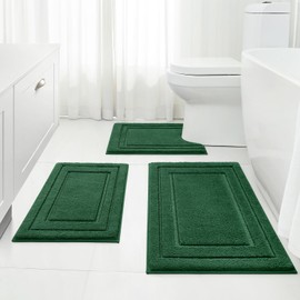 HOMEIDEAS Bathroom Rugs Sets 3 Piece, Super Soft and Absorbent Non Slip Microfiber Toilet Bath Mat with U-Shaped (Dark Green)