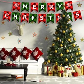 Merry Christmas Banner Red Green Buffalo Plaid Christmas Garland Snowflake and Letter Bunting Office Christmas Decorations for Home and Christmas Party Supplies