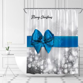 YSATNSFT Merry Christmas Shower Curtain Happy New Year Blue Bow Satin Glittering Bling Silver Printed Holiday Theme Fabric Bathroom Decor Set Include Hooks,(70" WX70 H)
