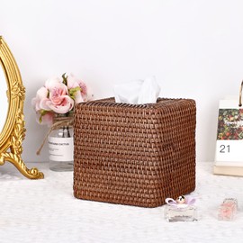 Sumnacon Tissue Box Cover Square Tissue Box Rattan Tissue Box Holder for Bathroom,Wicker Tissue Holder for Bathroom Toilet Living Room Kitchen Office Table Desk, Brown
