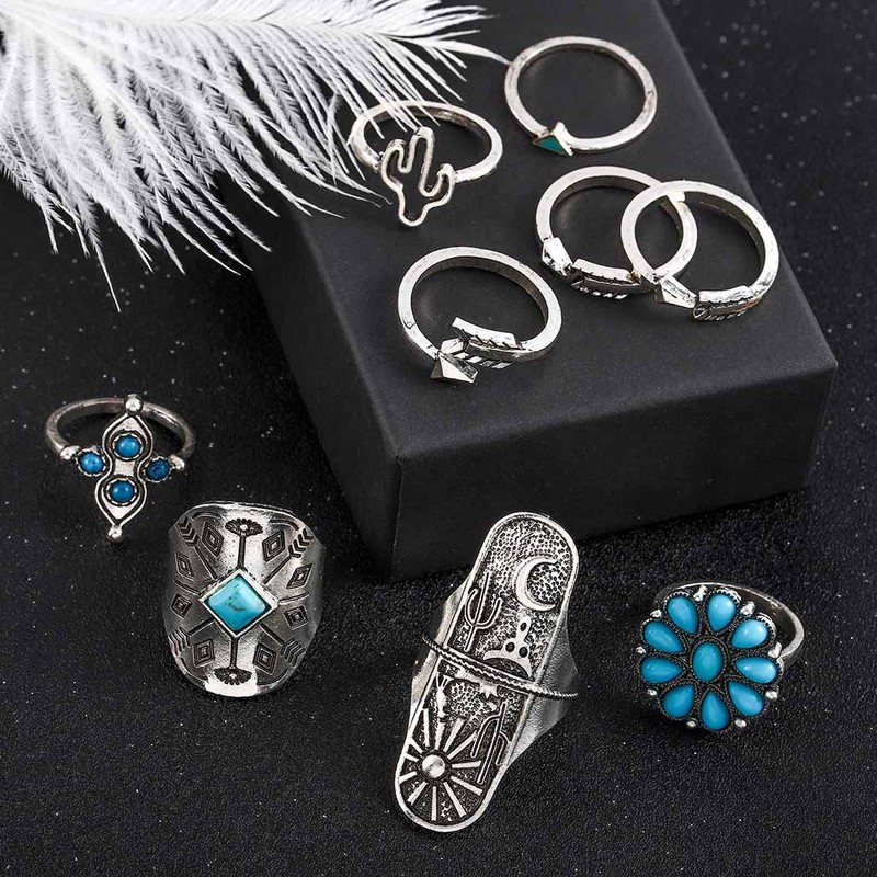 ELABEST Size7-9 Western Ring Set Silver Turquoise Cactus Arrow Flower