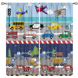 Kids Boys Construction Curtains Cartoon Colorful Cars Bulldozer Tractor Truck Airplane 2 Panels Window Treatment Set for for Boys Girls Bedroom Living Room, W42 x L63 Inch Decor