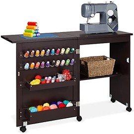 Best Choice Products Folding Sewing Table Multipurpose Craft Station & Side Desk with Compact Design, Wheels, Shelves, Bins, Pegs, Magnetic Doors, Metal Doorknobs - Espresso
