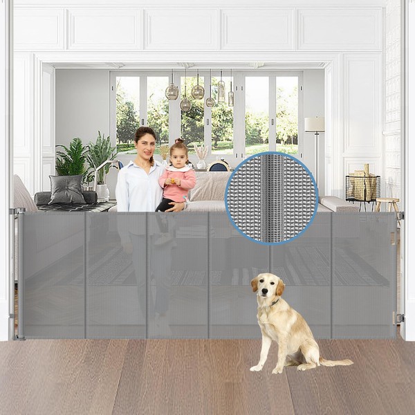 Reinforced 75” Wide Retractable Dog Gate with Support Rods, Upgrade