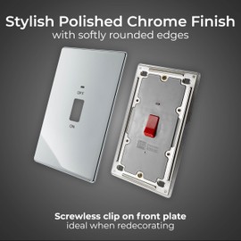 BG Electrical FPC72 SCREWLESS FLAT PLATE POLISHED CHROME 45A DOUBLE POLE SWITCH WITH INDICATOR DOUBLE PLATE GREY
