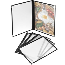 QWORK® 5 Pack Black A4 Menu Covers, 2 Fold Double View, for Restaurants, Hotels, Bars, Highly Transparent PVC Material, Metal Edge
