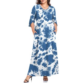 TAOHUADAO Women's Summer Plus Size Dresses Crewneck Ruffle 3/4 Sleeve Casual Maxi Dress XL-6XL with Pockets 5X-Large, Blue Tie Dye
