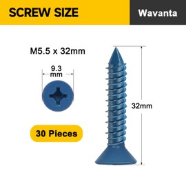 Wavanta 30Pcs M5.5 x 32mm Concrete Screws Anchor, Blue Flat Head with Screwdriver Bit and Drill Bit for Concrete, Masonry Brick Stucco Cement Block Screws, Diamond Point