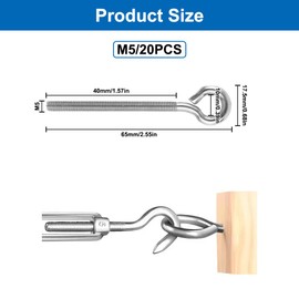 Pack of 20 Eye Bolts M5, 304 Stainless Steel Eye Bolt, Micro Opening Hole Eye Bolt, Rust Resistant Screw Eyelets, Long Shank Eye Bolts with Thread for Fixing and Hanging