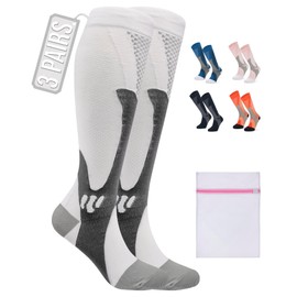 360 RELIEF 3 Pairs Copper Compression Socks for Women & Men - Ideal for Running, Travel, Pregnancy, 15-20 mmHg, L/XL, White, Includes Laundry Bag