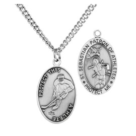 Men's Sterling Silver Oval Saint Sebastian Ice Hockey Medal + 24 Inch Sterling Silver Chain & Clasp| USA Made