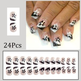 24Pcs French Tip Press on Nails with Black White Flower Design Short Square Fake Nails Silver Glitter False Nails Cute Floral Nail Glue on Nails Artificial Nail Tips Full Cover False Nails for Women