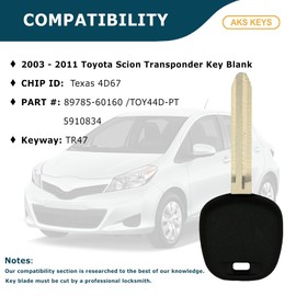 AKS KEYS Replacement Transponder Key Blank for 2003 - 2011 Scion TC Toyota Highlander Land Cruiser Corolla Tundra 4Runner Yaris Camry Avalon Solara Matrix Sienna RAV4 Tacoma Venza Sequoia