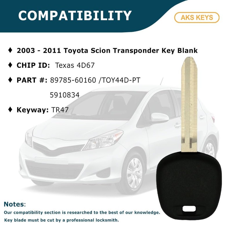 AKS KEYS Replacement Transponder Key Blank for 2003 - 2011