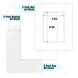 Golden State Art, Acid Free, Pack of 5, 8x10 White Picture Mats Mattes with White Core Bevel Cut for 5x7 Picture & Backing & Bags