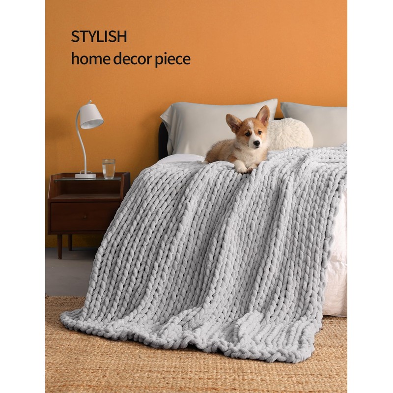 YnM Chunky Throw Blanket, Hand Knitted with Chenille Yarn, Skin