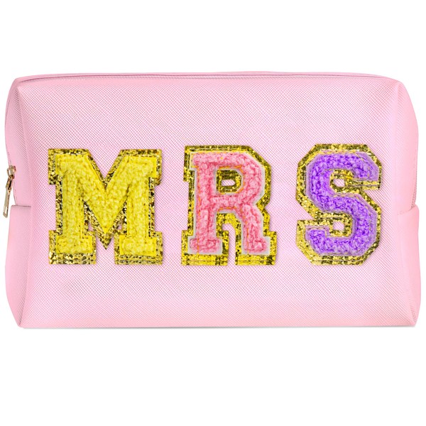TOPEAST Bride Makeup Bag MRS Preppy Patch Bag PU Leather Travel Cosmetic Bag Chenille Letter Makeup Pouch Waterproof Toiletry Bag Bridesmaid Gift Birthday Gift for Women and Girls (Mrs, Pink)