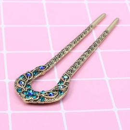 Frcolor Vintage Hair Stick Crystal Rhinestone Double Zinc Hair Pin Stick Hairstyle Chignon Hair Pin (Blue)
