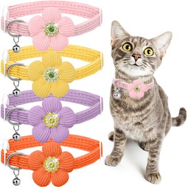 Cat Collar, HANSHILAI Kitten Collar with Bells, Cute Cat Collar Breakaway for Girl Boy with Flower,Collar para Gatos (Rhinestones Yellow & Pink & Orange & Purple)