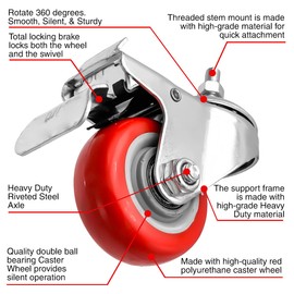FactorDuty 3 Inch RED Caster Wheel with Brake Dual Locking 3/8"-1.2" Threaded Stem Mount Caster Wheel Polyurethane Wheels Premium Non Marking No Noise 250LB Per Wheel (Pack of 8)