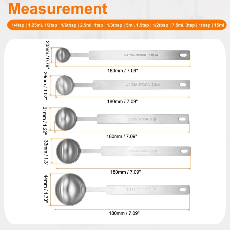 sourcing map 5pcs Single Measuring Spoon Set 1/4 1/2 1