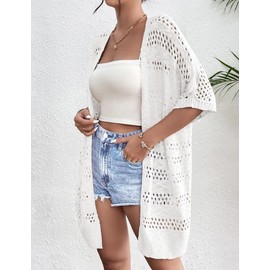 Zeagoo Summer Crochet Cream Cardigan for Women Boho Kimonos Short Sleeve Hollow Out Open Front Lightweight Cardigans
