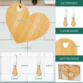 Patelai 1 Set Bridal Shower Party Favor Wooden Heart Shaped Cheese Board Cheese Knives Set Thank You Tag with White Box Gift for Guest Prize Wedding Party Baby Shower Valentines Day (Bamboo Color)