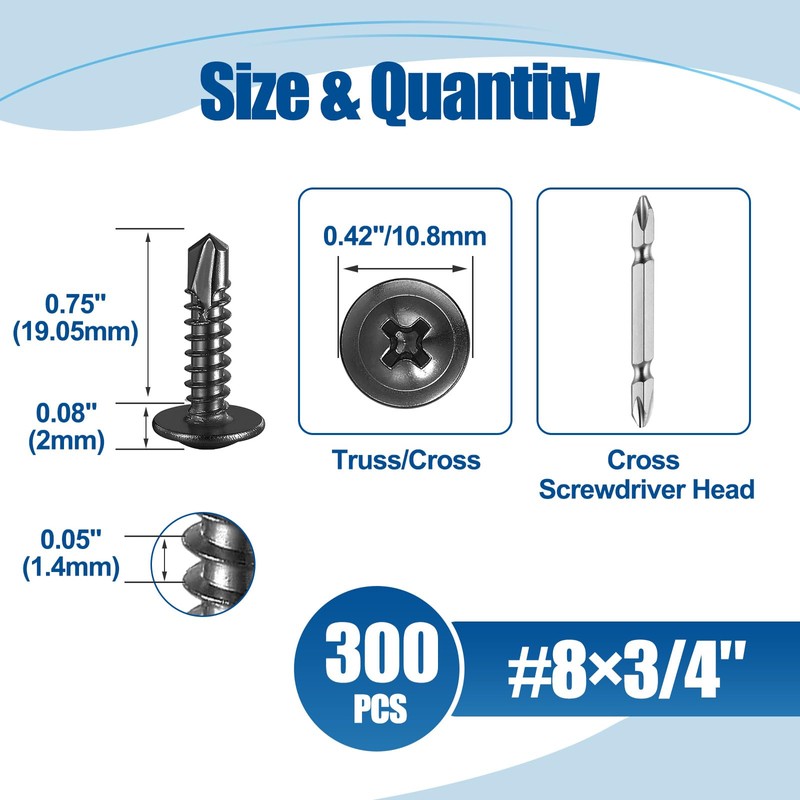 ANCHOREASE #8×3/4″ Sheet Metal Screws 300Pcs, 410 Stainless Steel Self