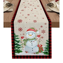 Christmas Table Runner - 108 Inch Long, Snowman Dining Table Runner Burlap Linen Dresser Scarves, Xmas Tree Snowflake Retro Merry Christmas Farmhouse Home Decor for Coffee Table Wedding Party Banquet