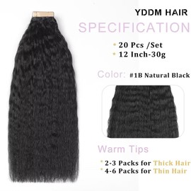 YDDM Black Women Tape Extensions, Real Hair, Black, Kinky Straight Tape-In Hair Extensions, Real Hair Tapes, Invisible Extensions, Real Hair, Tape Extensions, Real Hair, 12 Inches, 20 Pieces, 30 g