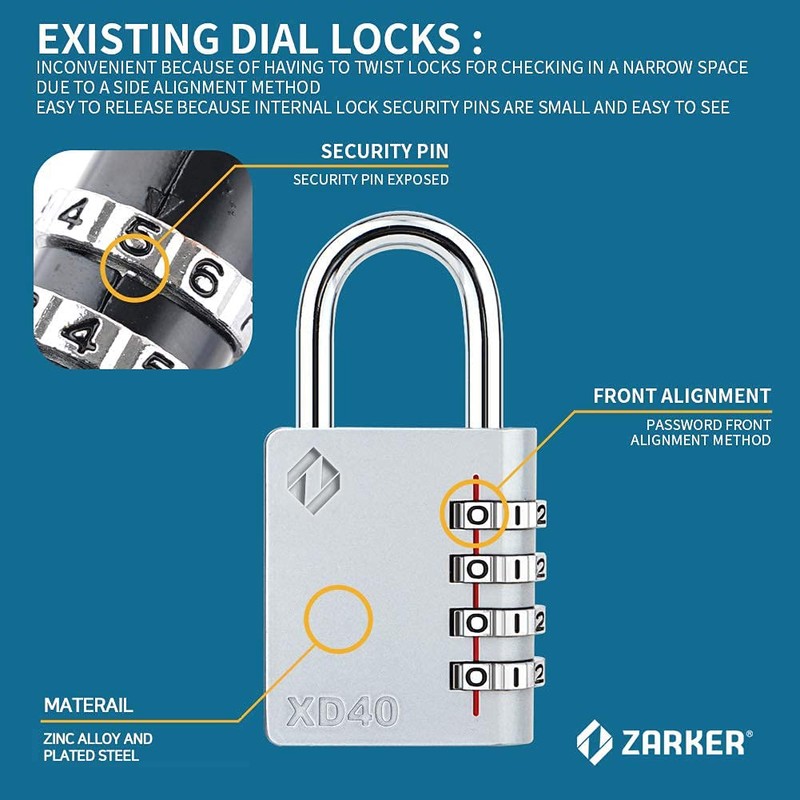 [ZARKER XD40] Heavy Duty Outdoor 4-Digit Combination Padlock for Locker,