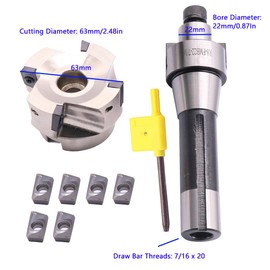 R8 FMB22 7/16-20 Shank Face End Mill Arbor and 2.48"/63mm Cutting Diameter 4-Flute 400R-63-22-4T CNC Face End Milling Shell Cutter with 10Pcs APMT1604 Carbide Inserts and T15 Wrench